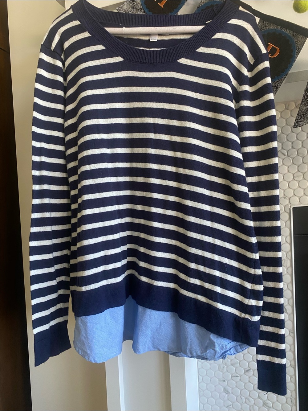 DownEast Navy and White Striped Crewneck Sweater with Light Blue Layered Hem